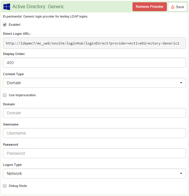 Active Directory Generic Configuration options